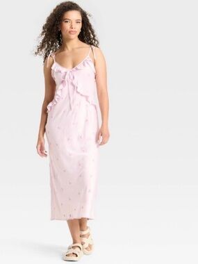 wild fable Light Pink Ruffle-Detail Midi Sleep Dress